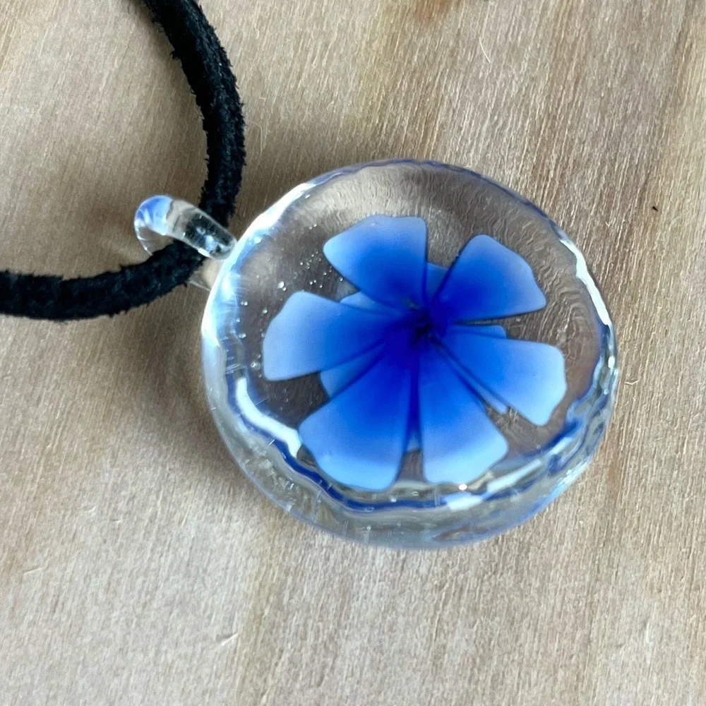 Blue Flower Glass Pendant Necklace